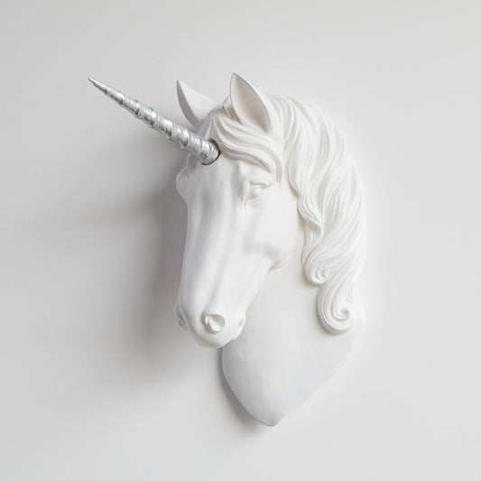 Faux Unicorn Wall Plaque // White and Silver