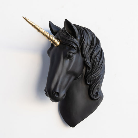 Faux Unicorn Wall Plaque // Black and Gold