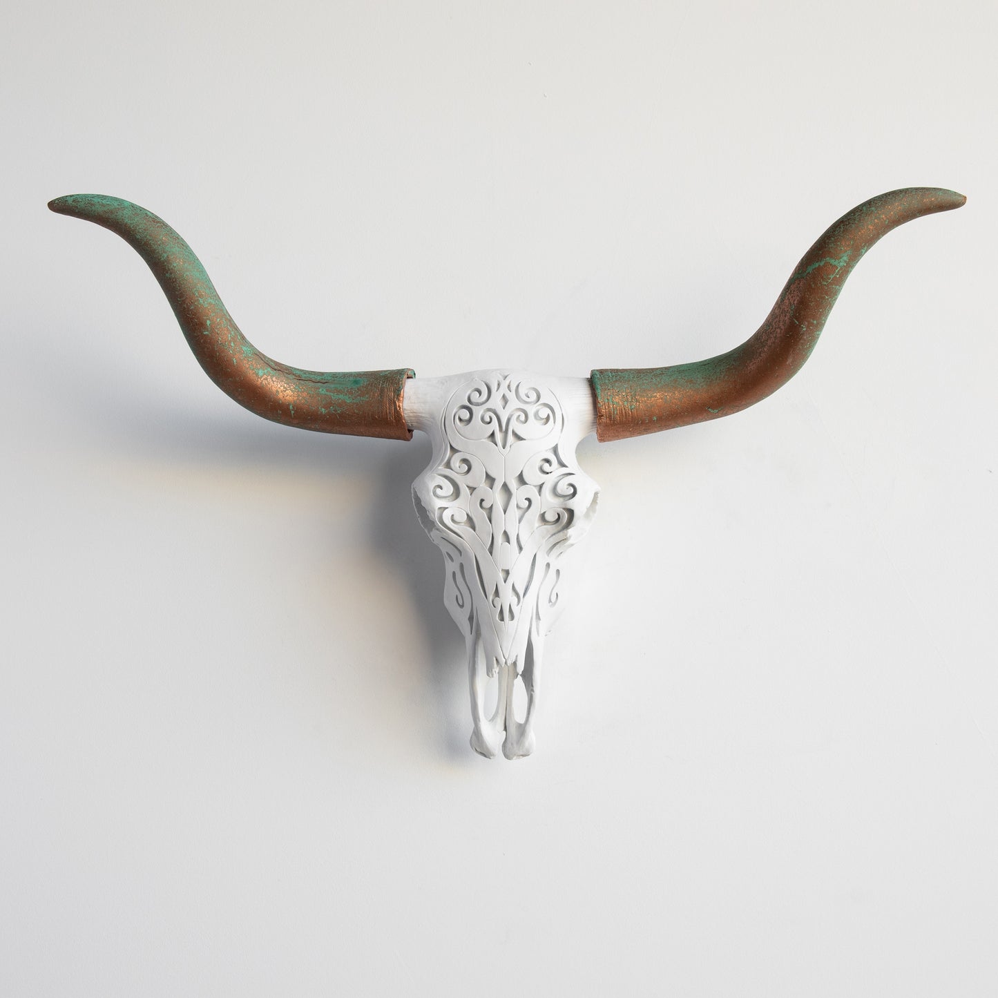 Faux Carved Texas Longhorn Skull // White and Copper Patina