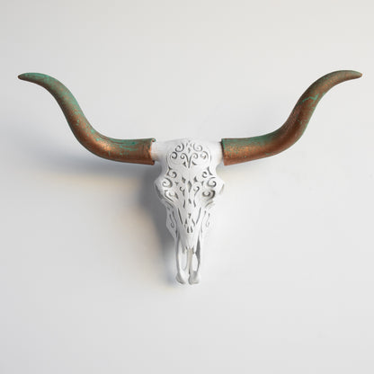 Faux Carved Texas Longhorn Skull // White and Copper Patina