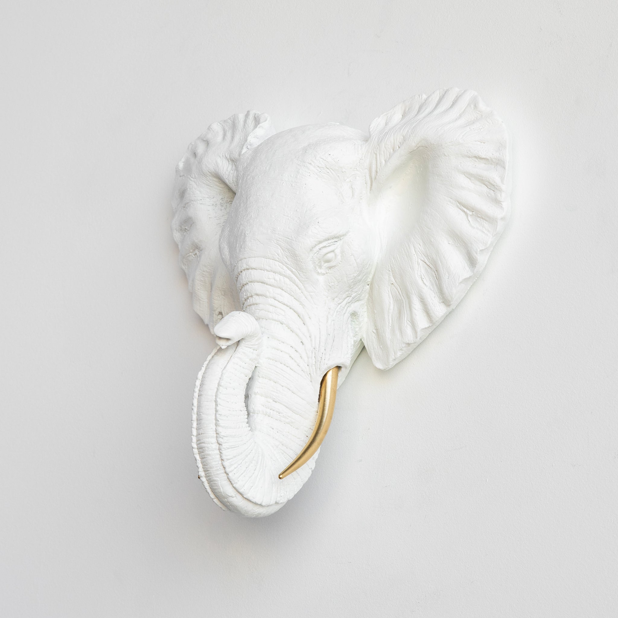 Faux Small Elephant Wall Mount // White with Gold Tusks