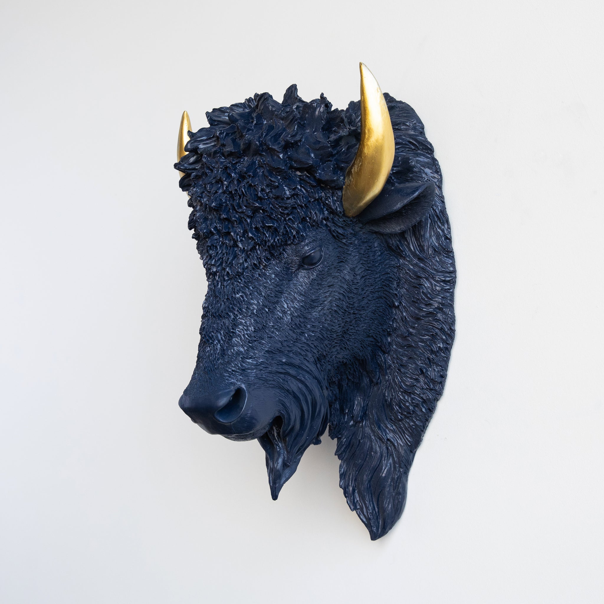 Faux Buffalo Bison Head Wall Mount // Navy Blue with Gold Horns