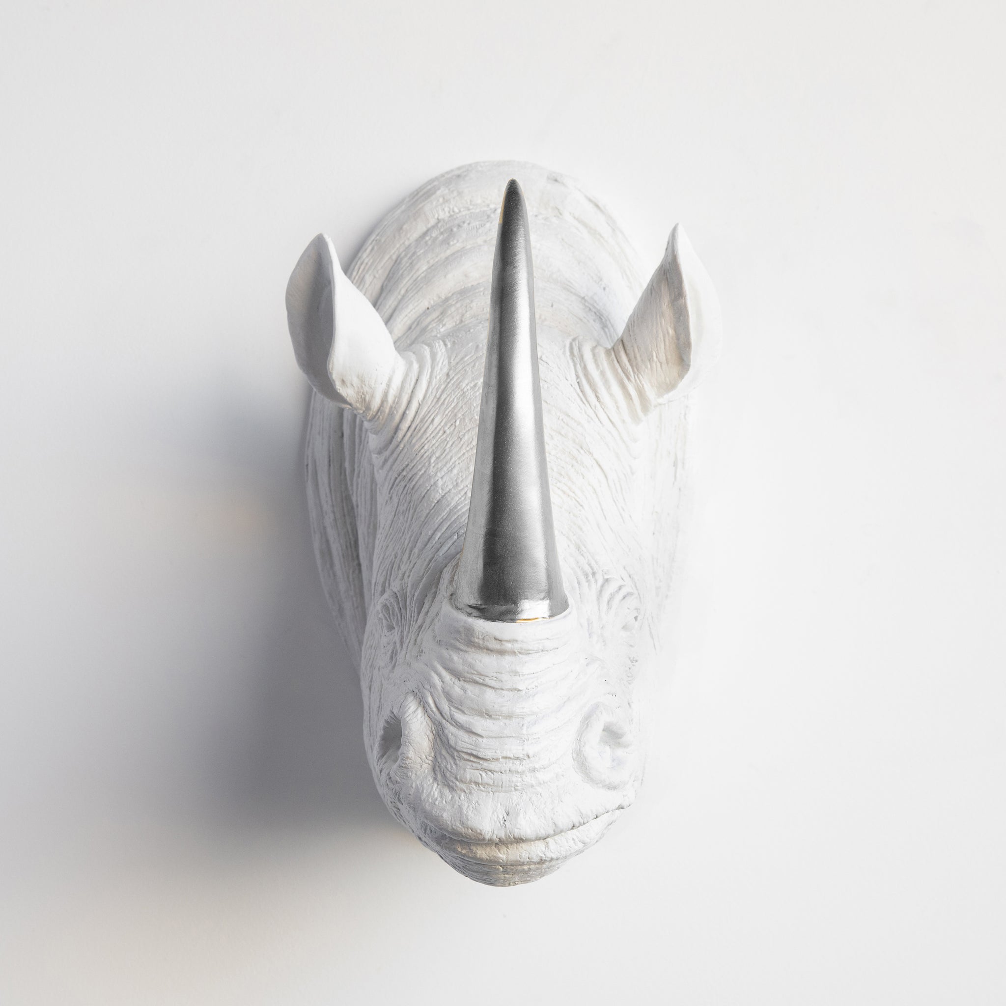 Faux Rhino Head Wall Mount // White with Silver Horn