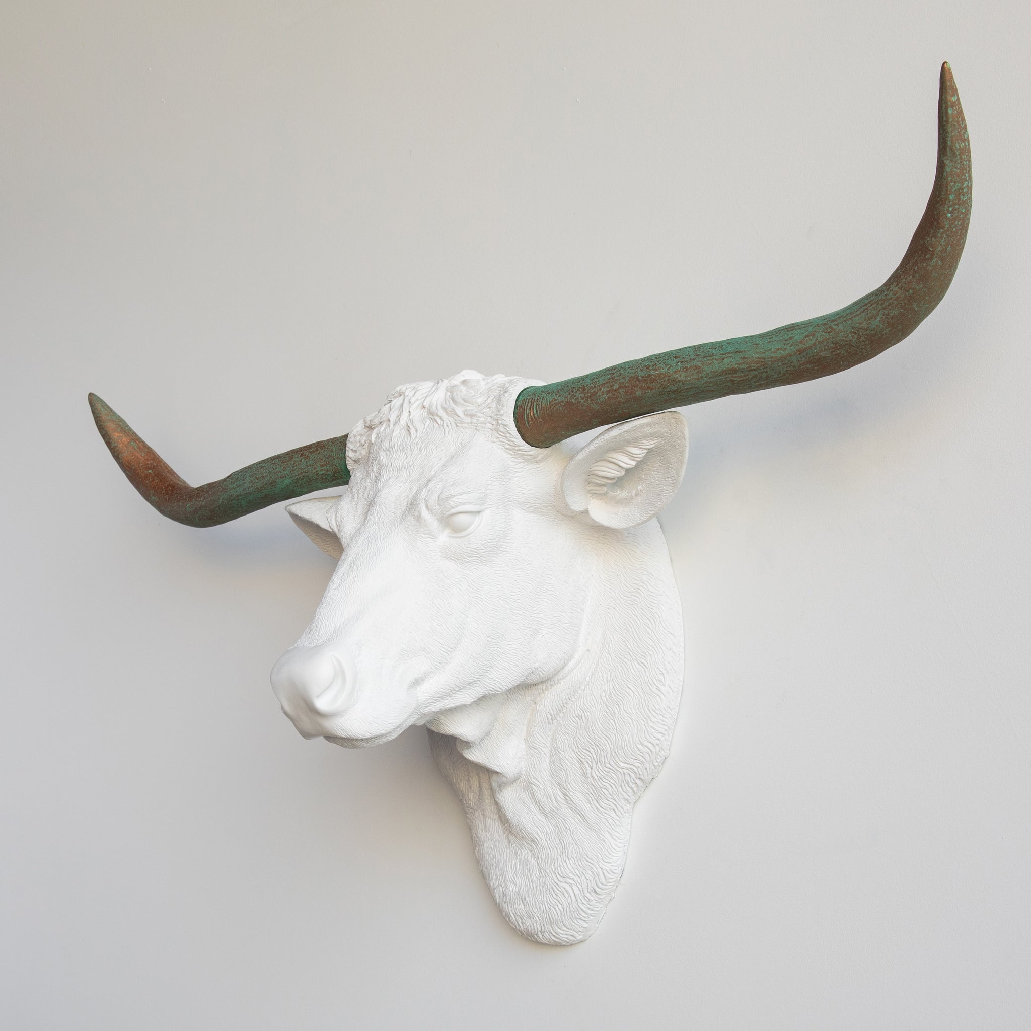 Faux Texas Longhorn Head Wall Mount // White and Copper Patina